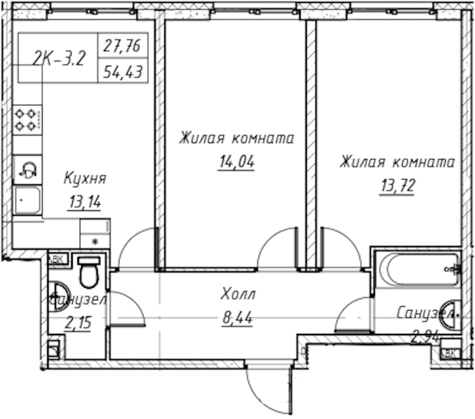 2-комнатная квартира 54.78 м², 13/14 эт., Комплекс апартаментов «Zoom на Неве»